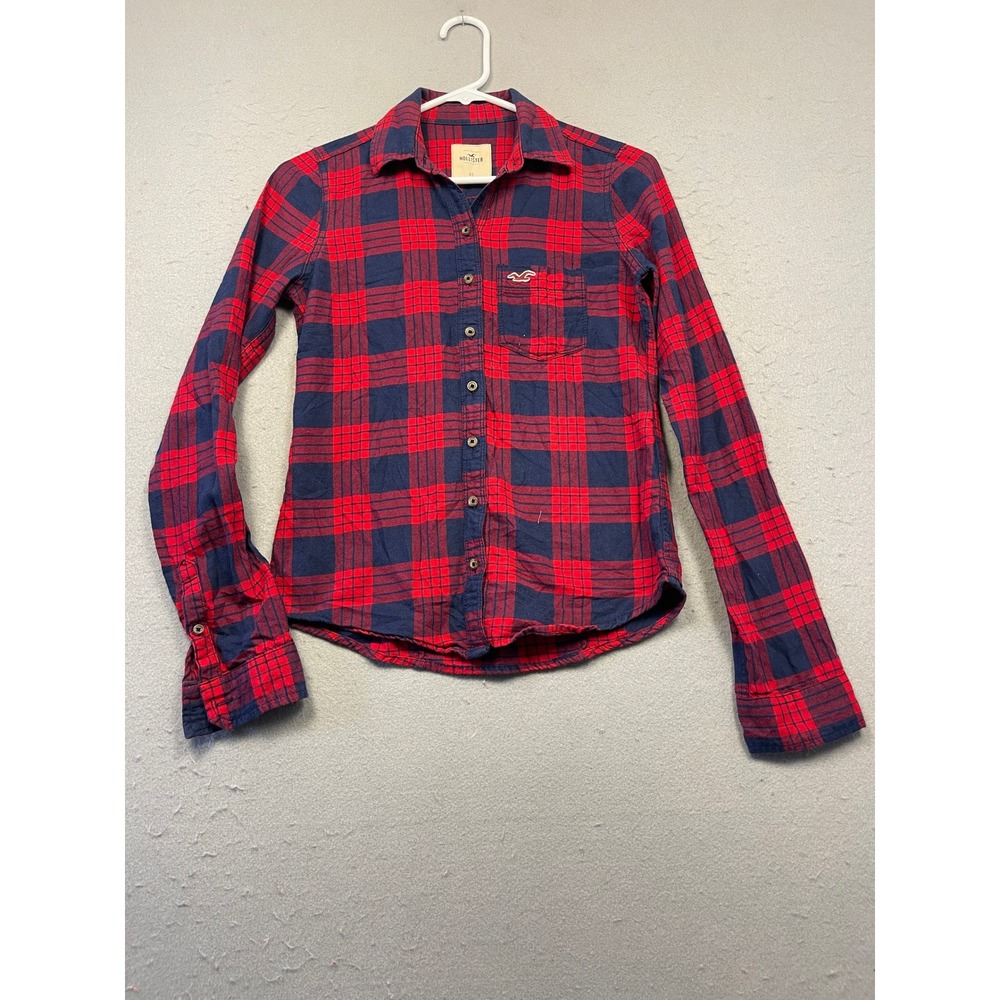 Hollister Button Down Shirt Flannel Red Navy Plaid XS Womens